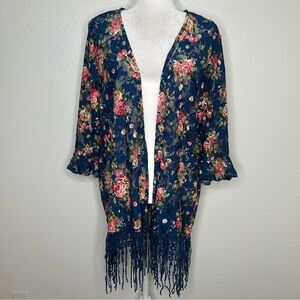 Sweet Rain Womens Blue Floral Sheer Lace Open Front Kimono Fringe Hem Size L EUC